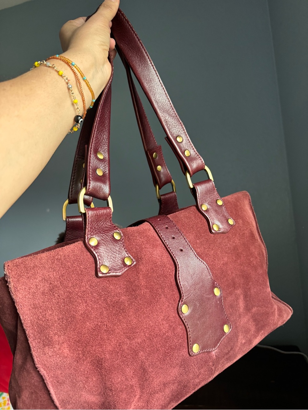 Burgundy Suede & Leather Satchel Tote with Gold Hardware - Picture 5 of 16